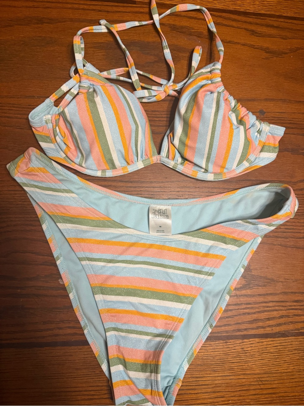 Wild Fable Women’s Striped Pastel Bikini Set - Mint, Peach & Gold Accents